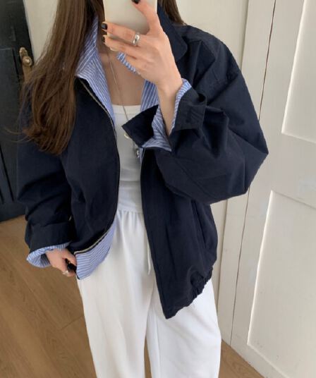 재고 있음 한 부서 패션 스트라이프 패치워크 폴로 칼라 오픈 가디건 재킷 재킷 가을 맨위