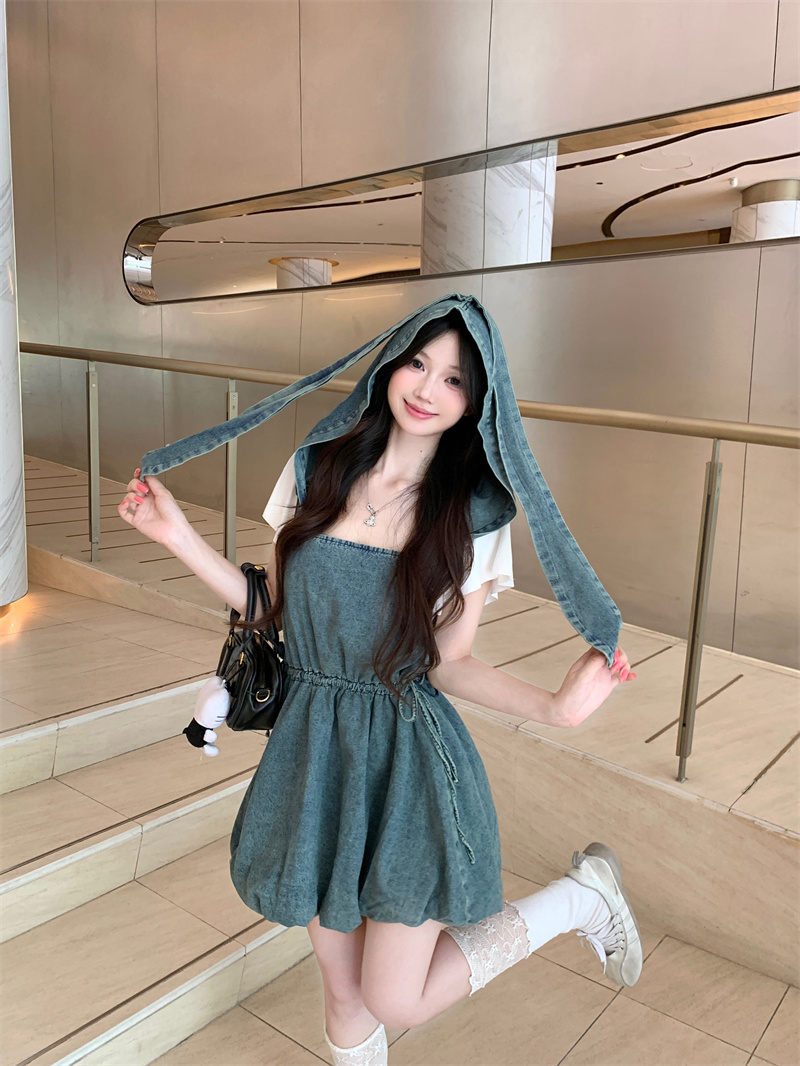 FA35515# 复古兔耳朵牛仔背带连衣裙女夏季纯欲小众收腰气质短裙 服裝批發女裝批發服飾貨源