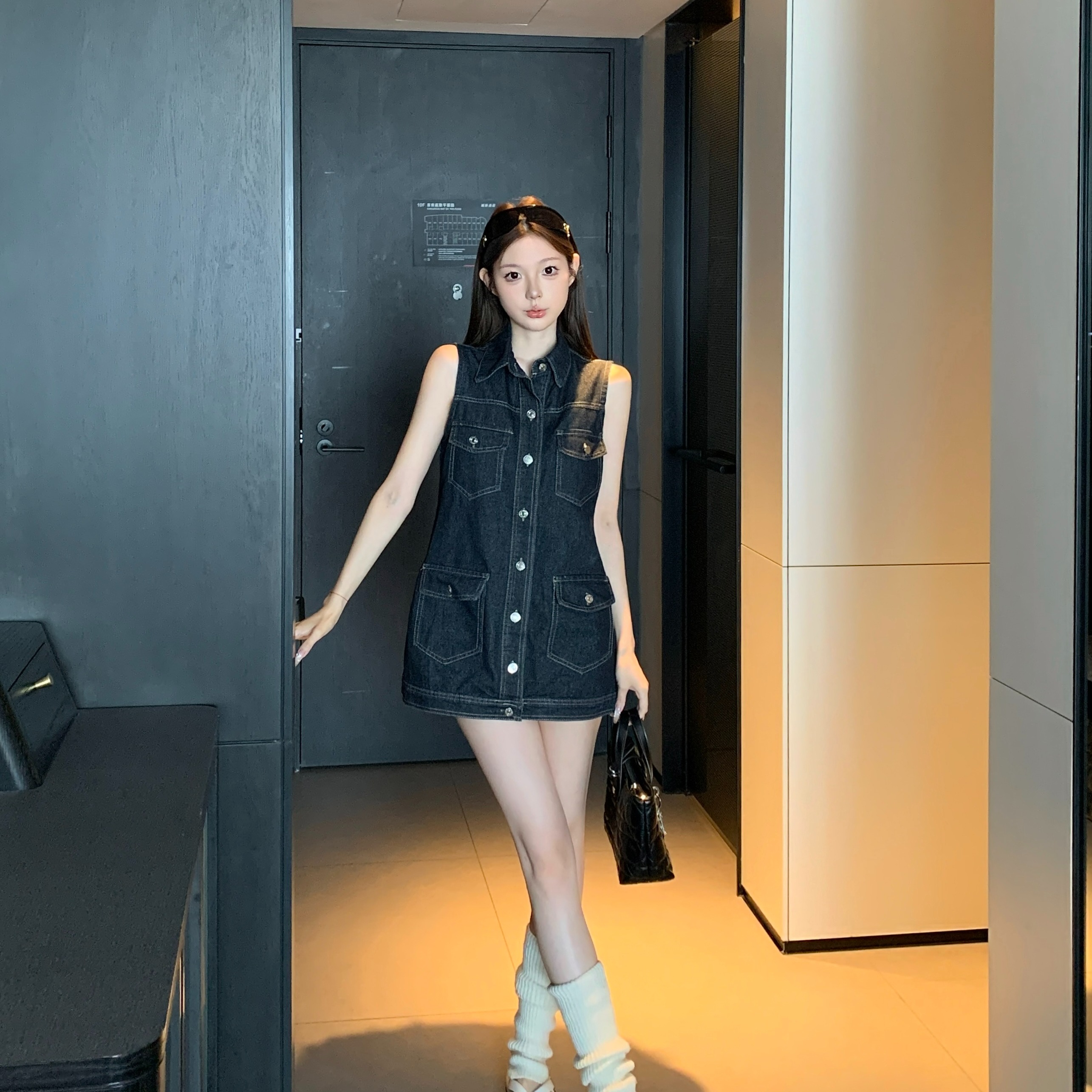 FA34879# 美式复古polo领单排扣无袖牛仔连衣裙小个子背心短裙 服裝批發女裝批發服飾貨源