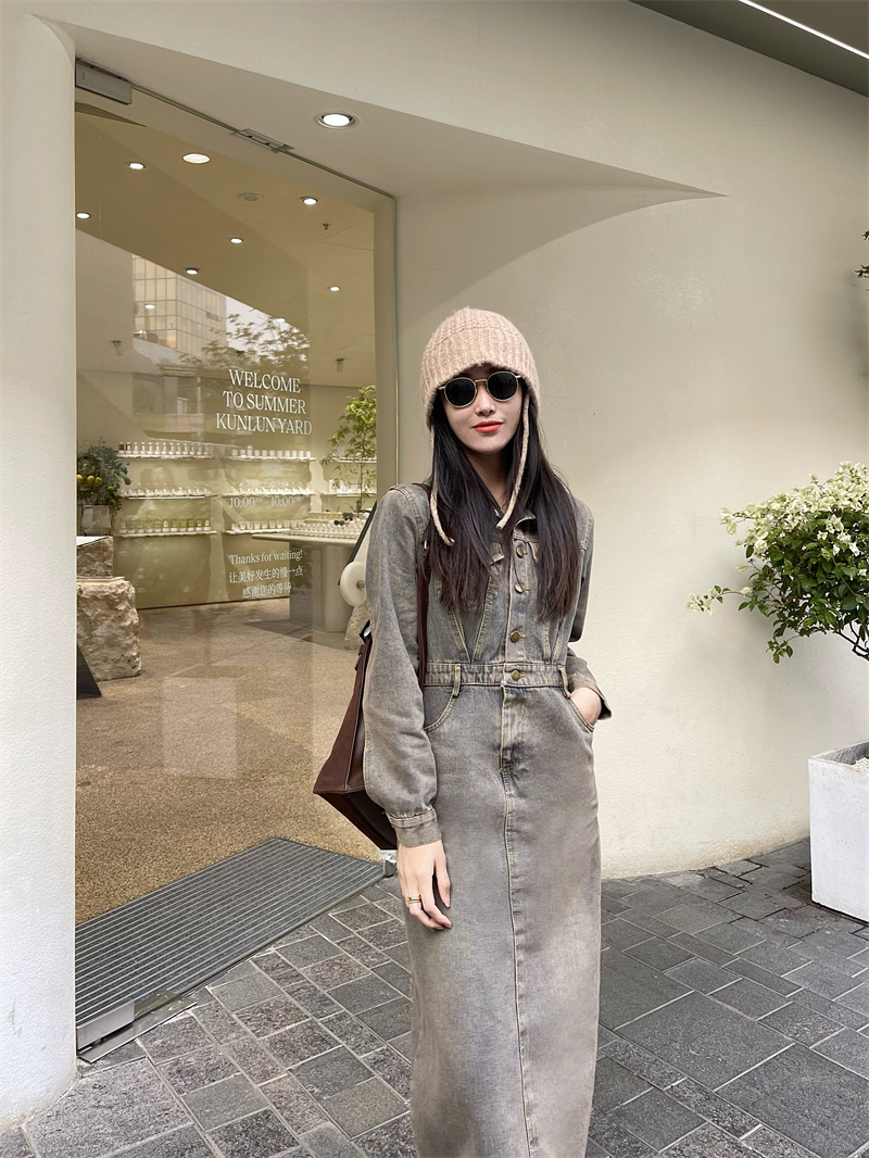 실사 정가 레트로 데님 드레스 롱 코트 홍콩 느낌 POLO 칼라 허리 수축 슬림해 보이는 봄 가을 품격 길다 치마