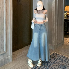 批发实拍实价 韩系高腰大摆毛边加长牛仔半身裙<b class='q'>百搭</b>宽松水洗浅色长裙