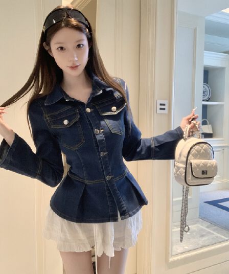 실사 정가 봄 가을 항구 바람 착용 가져 가라. 고급 센스 레트로 파란색 데님 POLO 칼라 허리 수축 긴팔 여성 셔츠