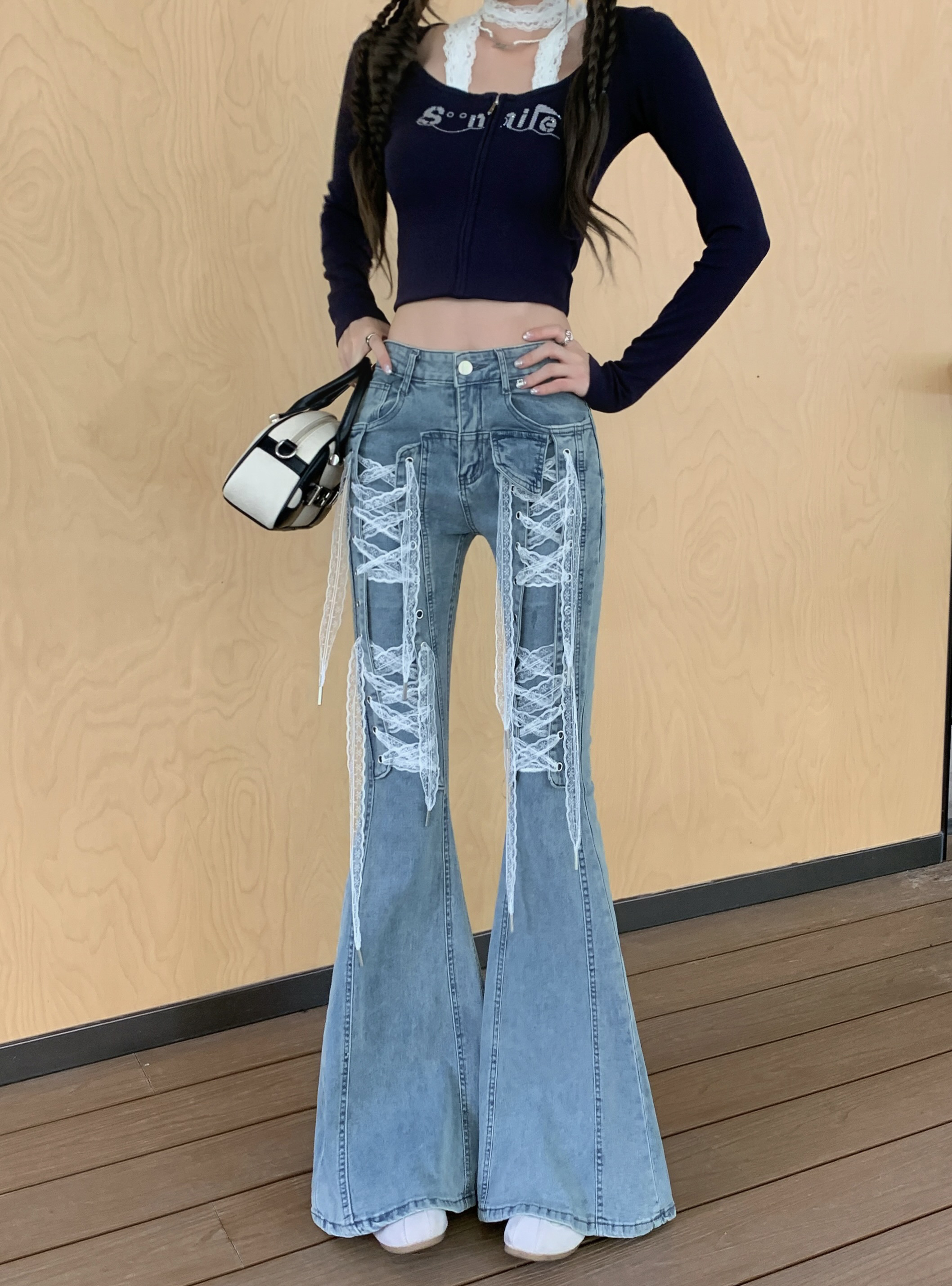 실사 정가 봄 가을 레이스 스트랩 신축성 청바지 여성 작은 대중 패션 핫걸 슬림해 보이는 나팔 바지 긴 바지