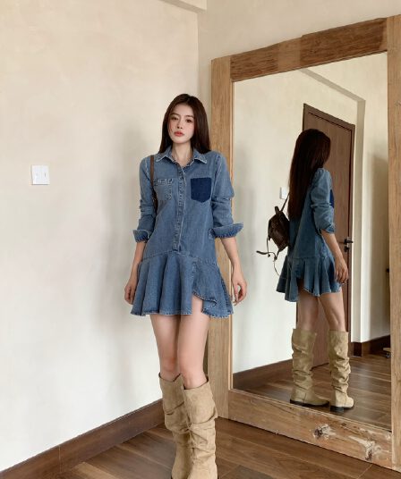 실사 정가 데님 여성 드레스 홍콩 느낌 레트로 프릴 디자인 불규칙 치마 2025 가을