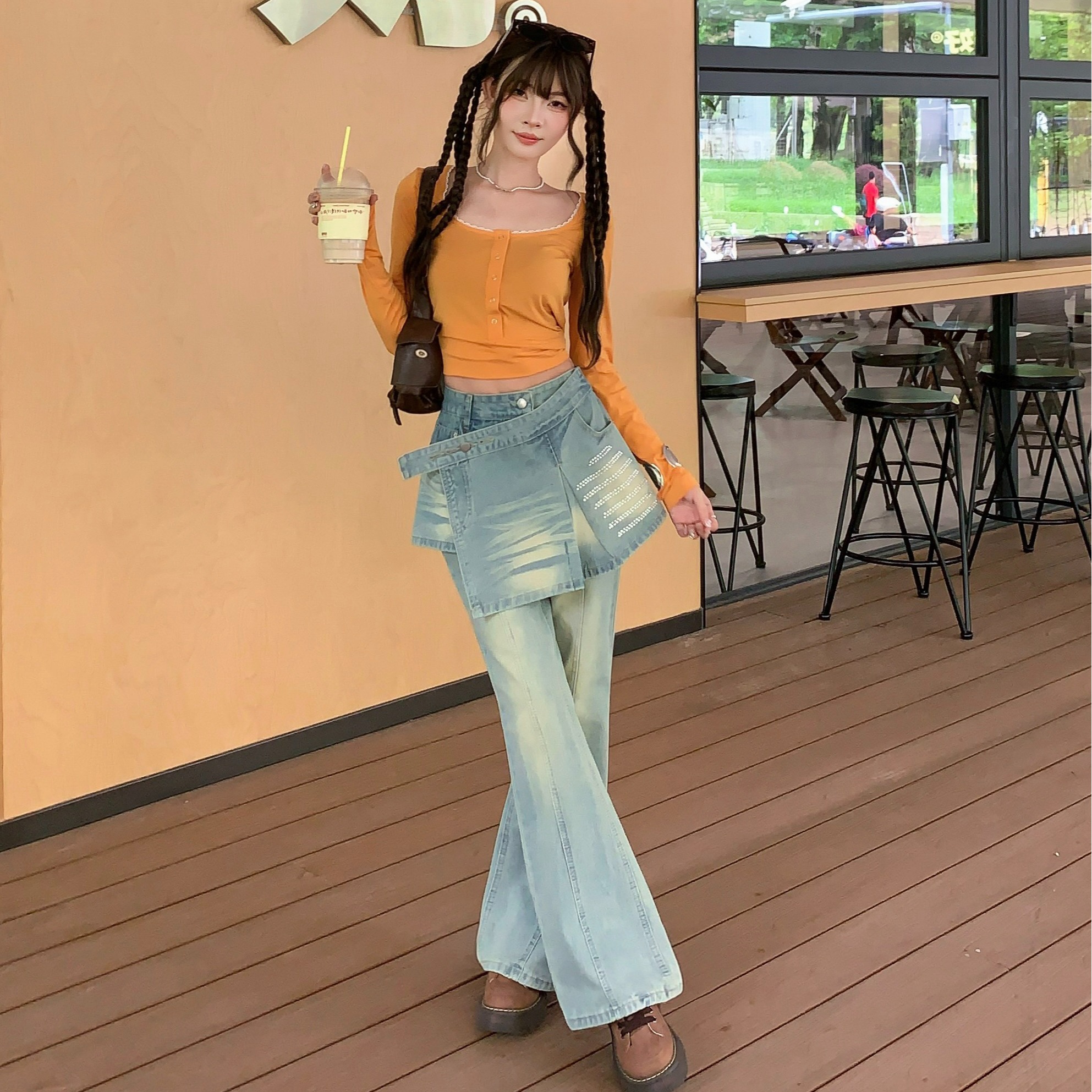 실사 정가 가을 무거운 작업 압력 훈련 하이웨이스트 레트로 바닥 청소 바지 청바지 페이크 레이어드 방귀 커튼 스트레이트 팬츠 여성