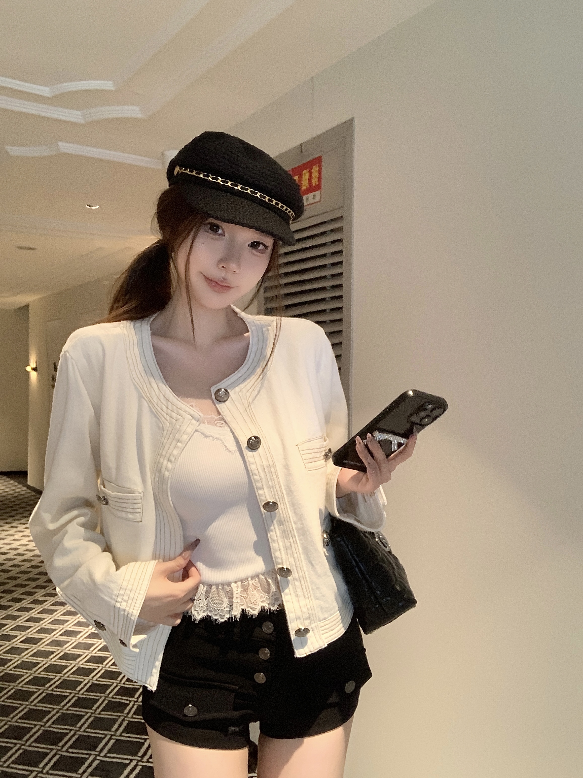 실사 정가 프랑스식 품격 화이트 명시적 스티치 작은 샤넬 스타일 데님 재킷 가을 고급 작은 키 쇼트 스타일 재킷