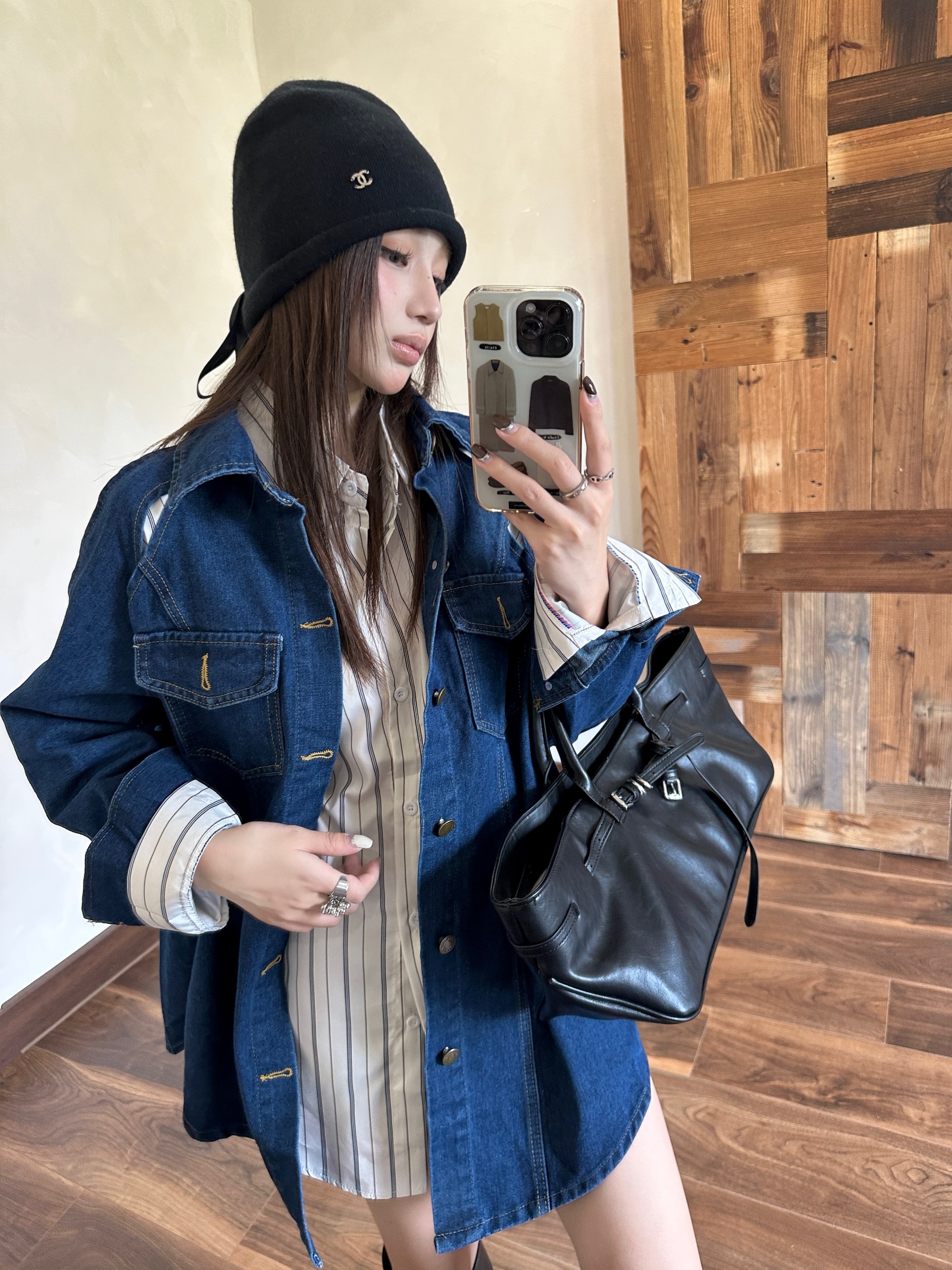 실사 정가 레트로 패션 세트 여신 가을 겨울 데님 재킷 인사이드 가져 가라. 긴팔 스트라이프 셔츠 투피스 세트