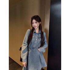 批发实拍实价 秋季复古港风牛仔连衣裙女收腰显瘦裙子A字<b class='q'>短裙</b><b class='q'>百褶</b>裙