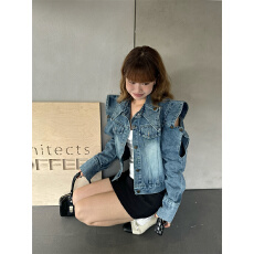 批发实拍实价 美式<b class='q'>街头</b>重工肩膀镂空飞飞袖设计短款夹克设计牛仔外套