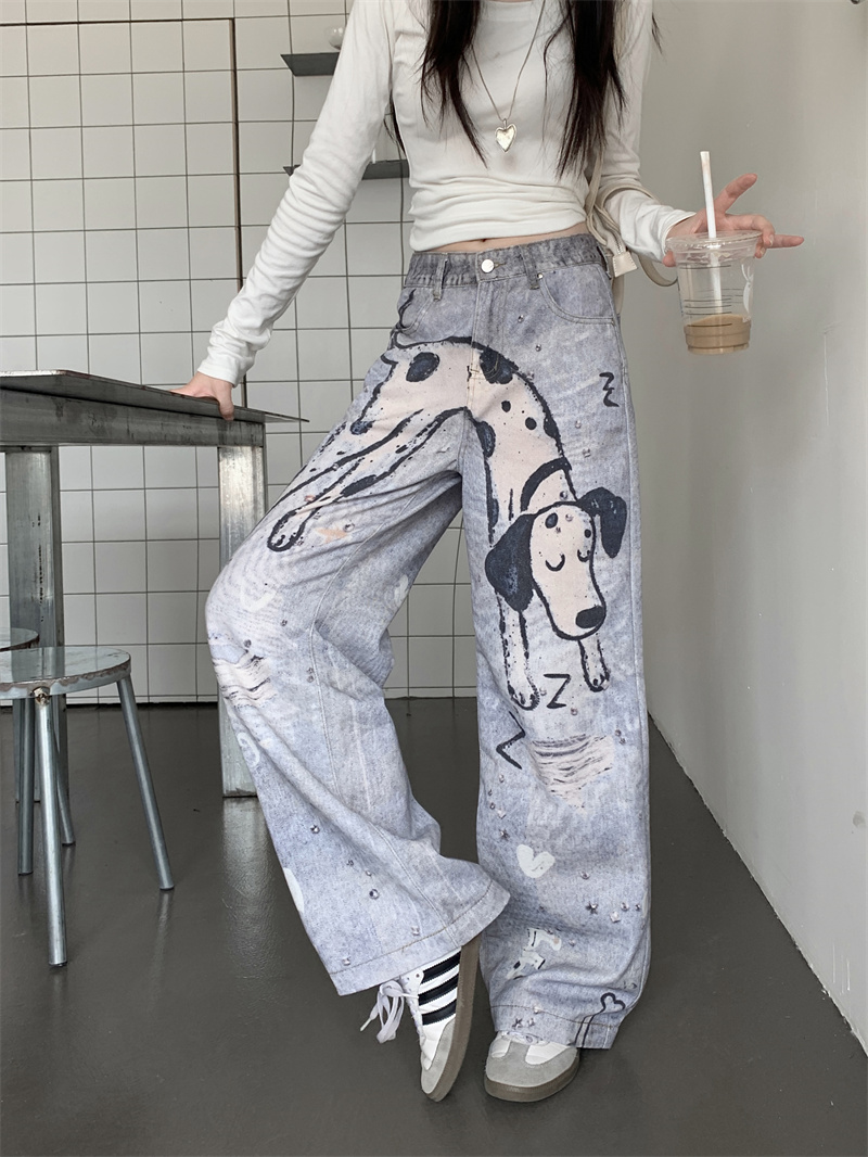 실사 정가 작은 대중 디자인 센스 수채화 달마 시안 청바지 깨진 훈련 인쇄 스트레이트 팬츠