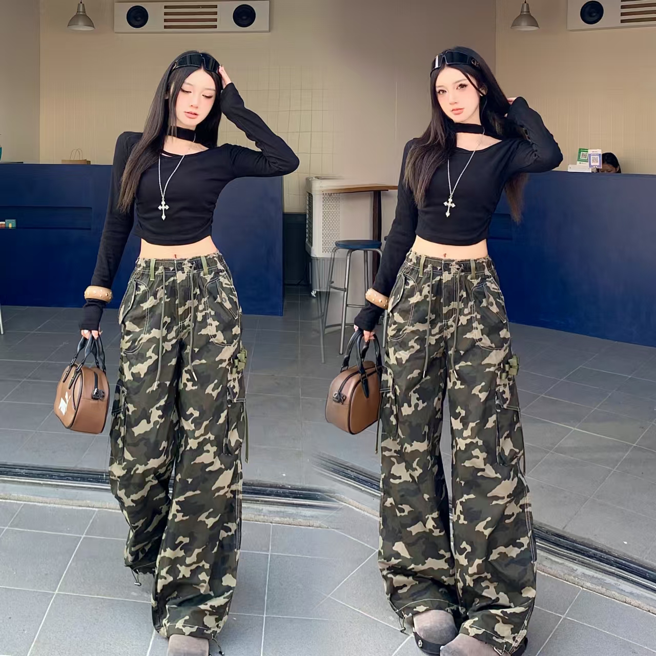 실사 정가 아메리칸 레트로 카모플라주 펌프 로프 캐주얼 바지 디자인 센스 하이웨이스트 루즈핏 스트레이트 워크웨어 바지