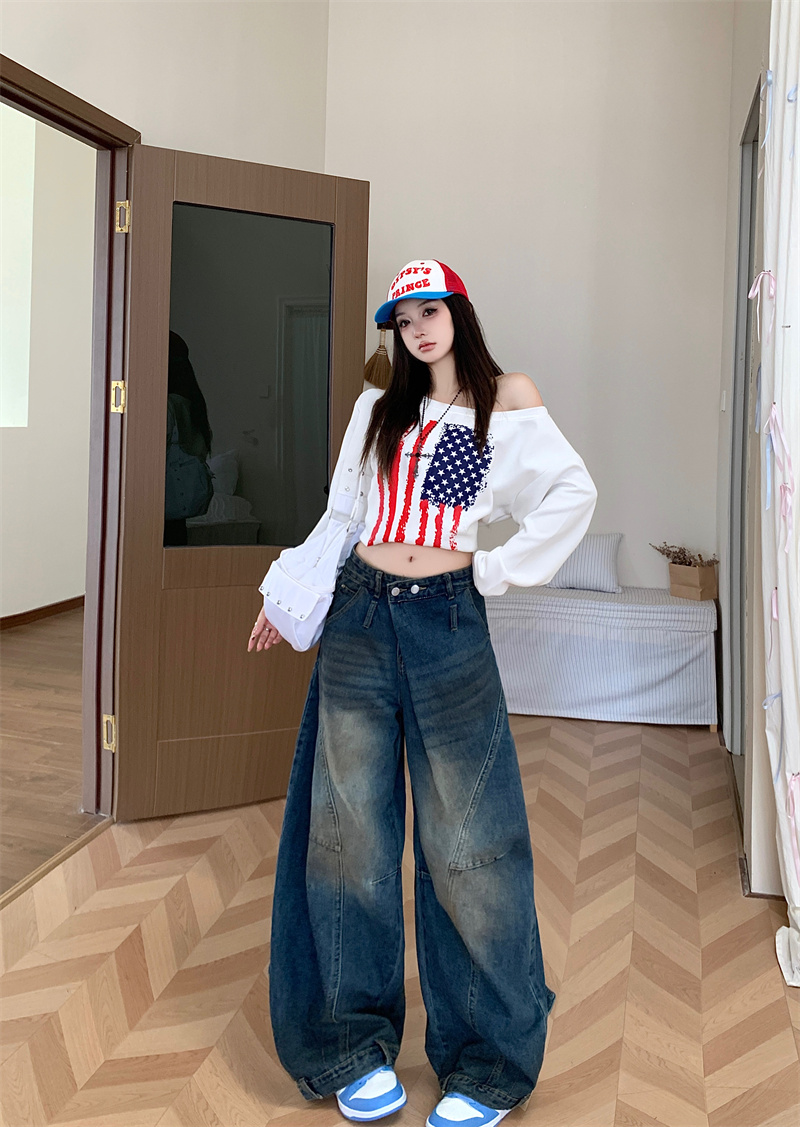 실사 정가 아메리칸 레트로 무거운 작업 불규칙 폴딩 데님 모통이 칼 바지 겨울 핫걸 넓은 다리 낫 바지