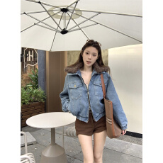 批发实拍实价 复古水洗<b class='q'>短款</b>毛领拼接牛仔外套夹棉双拉链设计夹克上衣