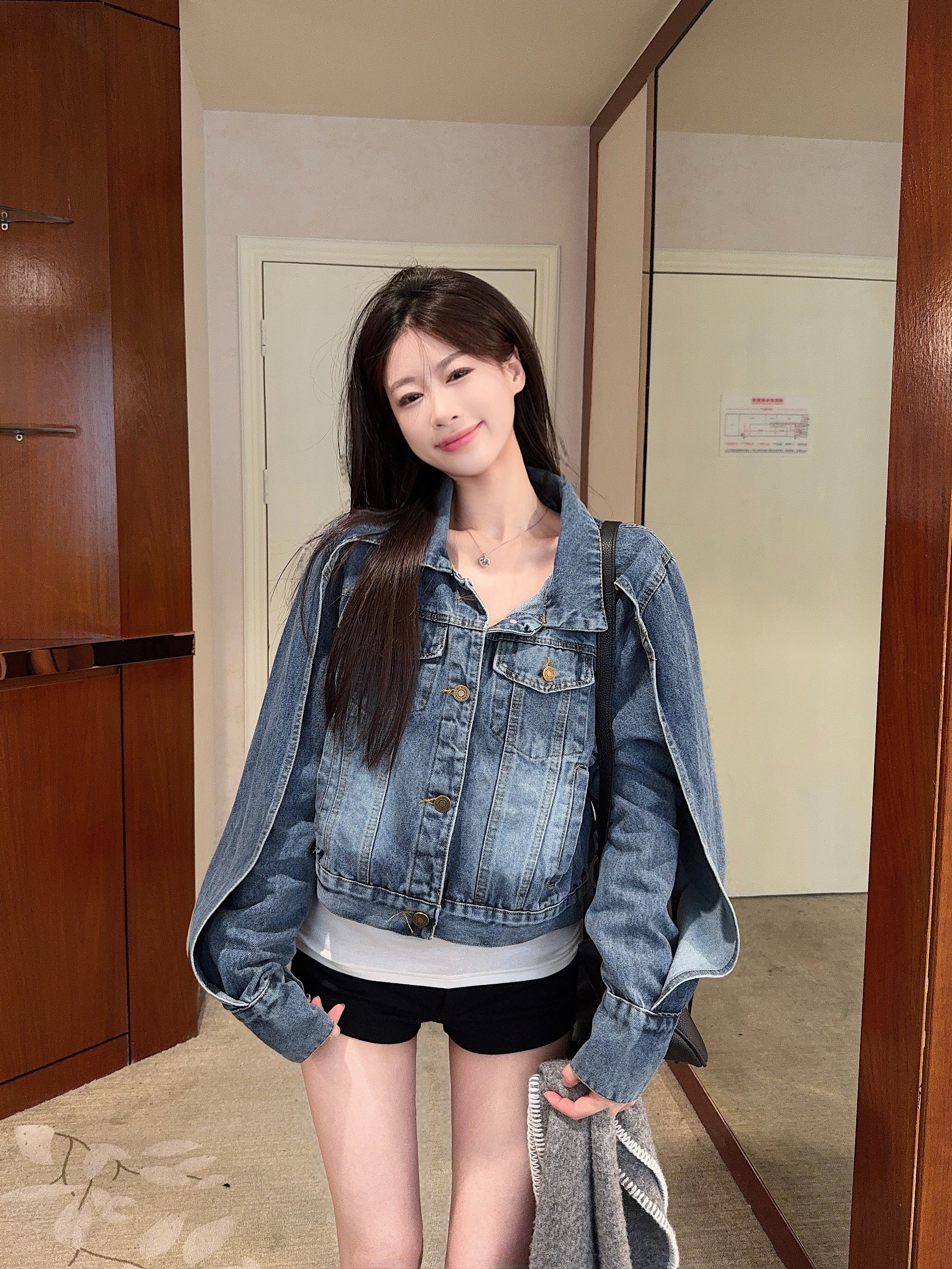 실사 정가 작은 대중 레트로 숄 소매 디자인 데님 여성 코트 한 부서 패션 캐주얼 짧은 재킷 맨위