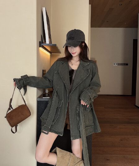 실사 정가 레트로 마 오래된 워크웨어 바람 레이스업 프로필 모양 재킷 26 봄 새로운 디자인 센스 허리 수축 재킷