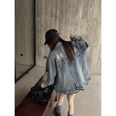 批发实拍实价 港风复古破洞水洗长袖牛仔外套女宽松<b class='q'>休闲</b>百搭夹克上衣