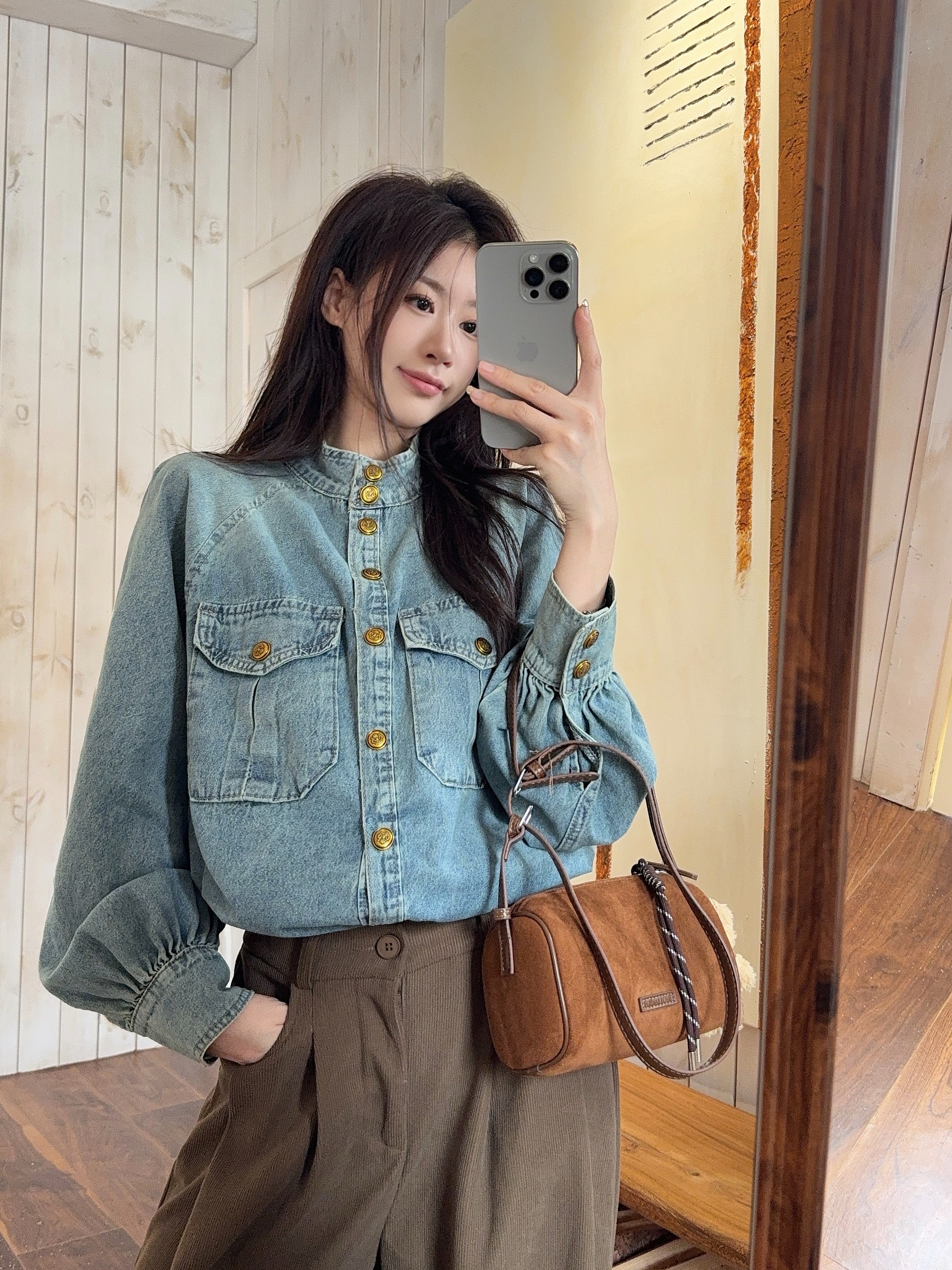 실사 정가 아메리칸 레트로 스탠드 칼라 긴팔 데님 셔츠 고급 센스 외국 가스 고유 한 다용도 패션 맨위