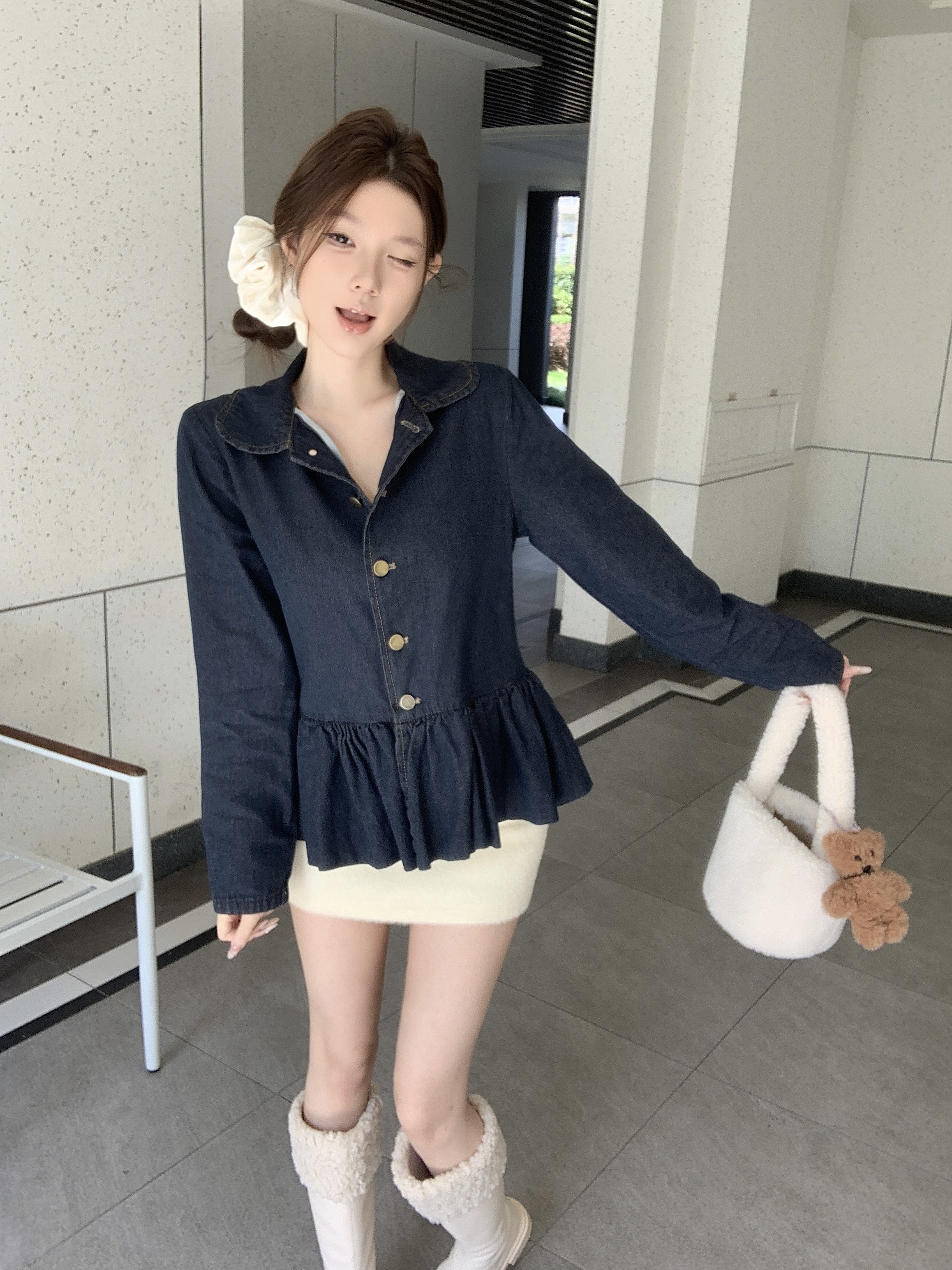 실사 정가 데님 재킷 레트로 인형 셔츠 봄 드레스 재킷 긴팔 다용도 품격 작은 키 인형 셔츠