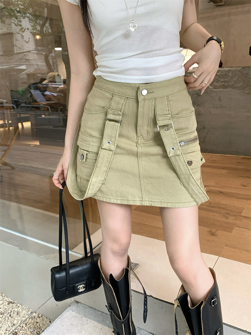 실사 정가 워크웨어 데님 둘 착용 반신 스커트 아메리칸 조수 브랜드 핫걸 다용도 노출 방지 타이트 스커트 미니 스커트