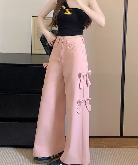 실사 정가 슈퍼 잘 생긴 핑크색 나비 매듭 와이드 레그 팬츠 새로운 루즈핏 다용도 캐주얼 워크웨어 바람 9부 바지