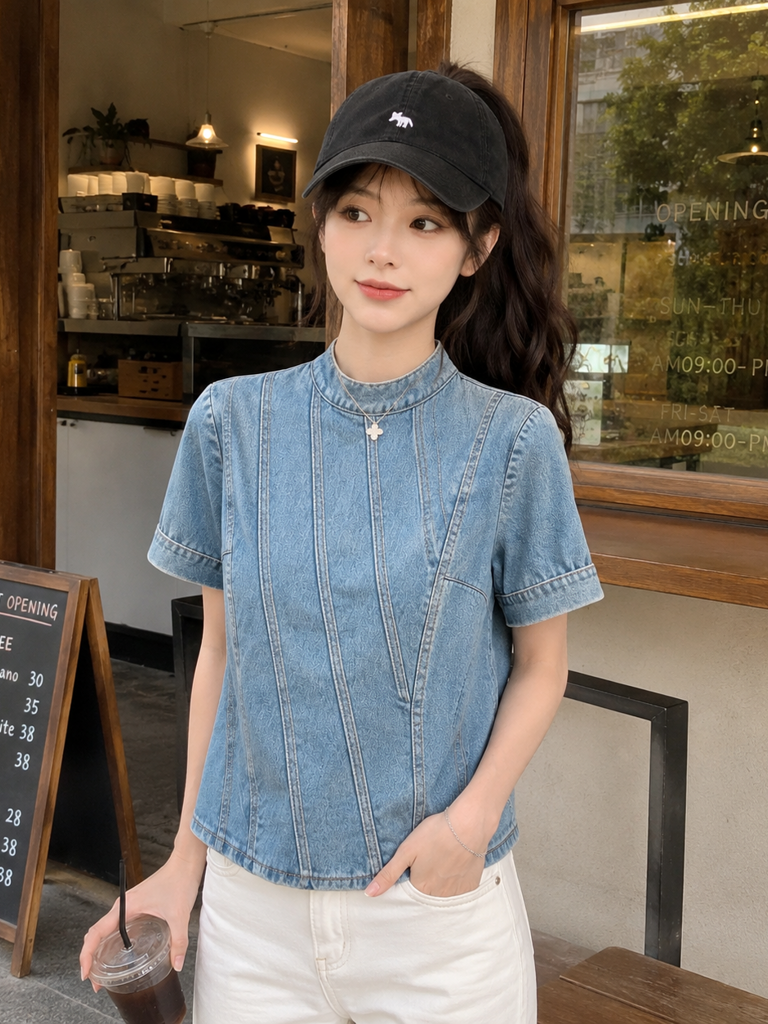 실사 정가 빛 요리 한 미니멀리즘 데님 반팔 맨위 여름 새로운 몸매 가꾸기 슬림해 보이는 다용도 품격 출퇴근 티셔츠