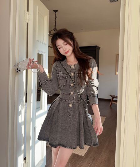 실사 정가 항구 바람 마 오래된 다용도 데님 긴팔 여성 드레스 가을 작은 키 섹시함 핫걸 한 마디 미니 스커트