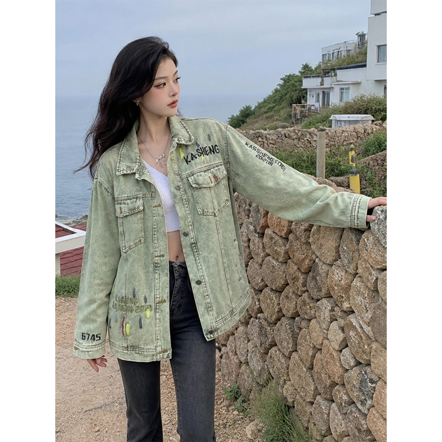 美式复古水洗做旧牛仔外套女秋季...