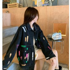 批发彩色涂鸦<b class='q'>牛仔</b><b class='q'>外套</b>女春秋新款<b class='q'>大码</b>胖MM设计感小众宽松休闲夹克上衣
