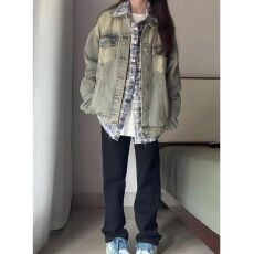 批发美式复古做旧黄泥染牛仔夹克外套女<b class='q'>春</b>秋季薄款设计感小众宽松上衣
