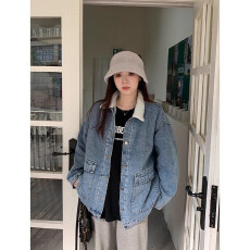 批发复古水洗牛仔外套女秋冬新款加绒加厚毛领宽松百搭慵懒风夹克上衣