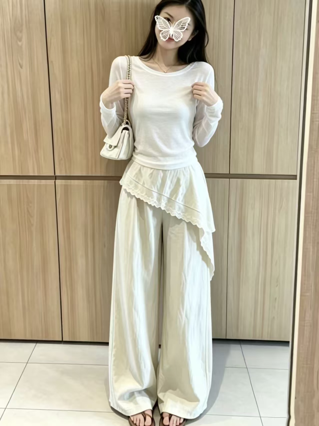 불규칙 레이스 조각 방귀 커튼 와이드 레그 팬츠 여름 느긋한 도루 센스 얼음 실크 바지 하이웨이스트 복부 수축 바닥 청소 스트레이트 팬츠 여성