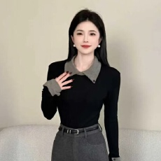 批发设计感翻领拼接长袖T恤<b class='q'>女</b>秋冬加绒加厚打底衫上衣+裤子