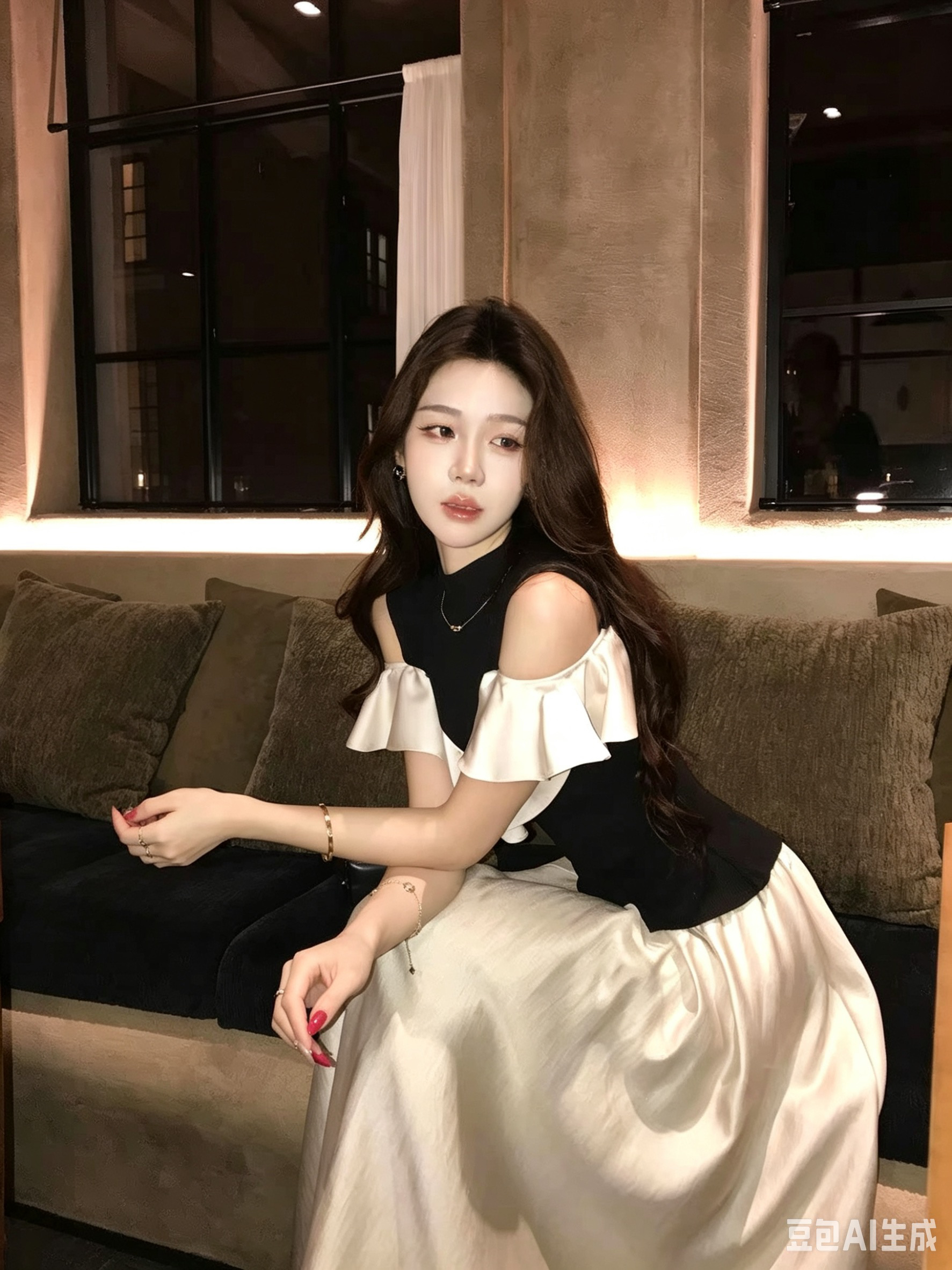 무쯔리 목자이 ~ 중 리 디자인 센스 배색 몸매 가꾸기 오프숄더 니트 패치워크 프릴 맨위 새틴 반신 치마 세트