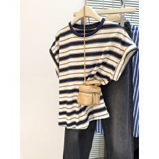 批发实拍撞色条纹圆领飞飞袖T恤女夏季新款宽松韩版百搭正肩短袖上衣