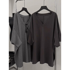 批发大领口V领短袖T恤女夏季韩版宽松<b class='q'>大码</b>中长款<b class='q'>打底衫</b>慵懒风纯棉上衣