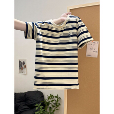 批发实拍设计感小众撞色条纹短袖T恤女装夏季宽松韩版卡通刺绣<b class='q'>衣服</b>