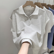 实拍Polo领短袖T恤女夏季宽松韩版小个子短款正肩翻领插肩袖上衣