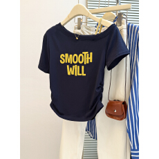 批发实拍字母印花假两件撞色吊带拼接短袖<b class='q'>t</b><b class='q'>恤</b>女夏显瘦设计感露肩上衣