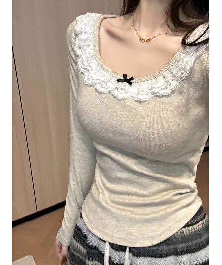 레이스 레이스 프랑스식 발레 바람 만나는 작은 셔츠 티셔츠 여성 u 칼라 나비 매듭 긴팔 인사이드 가져 가라. 봄 맨위