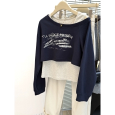 实拍韩系字母印花一字肩长袖卫衣+修身背心套装女秋季新款两件套