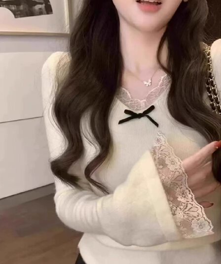 경관 그림 순수한 욕망 바람 나비 매듭 레이스 조각 긴팔 티셔츠 여성 가을 겨울 몸매 가꾸기 인사이드 가져 가라. 기본 셔츠 연삭 털 맨위