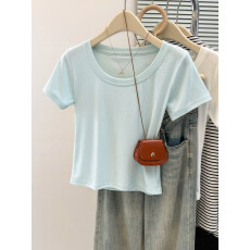 批发实拍小个子短款短袖T恤女夏季新款<b class='q'>修身</b>韩版内搭打底衫正肩U领上衣