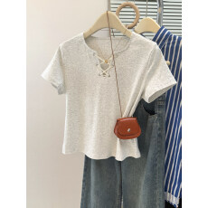 批发甜辣妹V领绑带短袖<b class='q'>T</b><b class='q'>恤</b>女夏季修身韩版内搭打底衫短款正肩上衣