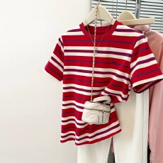 批发撞色条纹短袖<b class='q'>T</b><b class='q'>恤</b>女夏季新款韩版宽松显瘦打底衫内搭半袖上衣