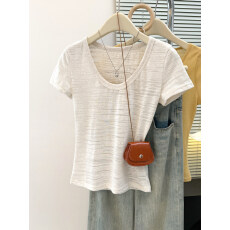 批发实拍竹节棉白色U领正肩短袖<b class='q'>女</b>t恤夏季新款韩系温柔独特超好看上衣