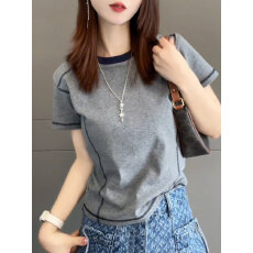 批发官图纯棉罗纹新款夏季撞色明线短袖T恤<b class='q'>女</b>圆领正肩修身显瘦上衣