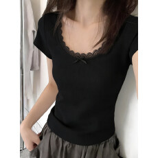 批发纯棉罗纹小个子短款<b class='q'>短袖</b>T恤女夏季修身韩版蕾丝蝴蝶结U领上衣潮
