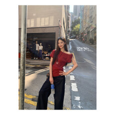 批发纯棉罗纹<b class='q'>短袖</b>t恤女新款夏设计感美式复古辣妹红色露肩斜肩上衣