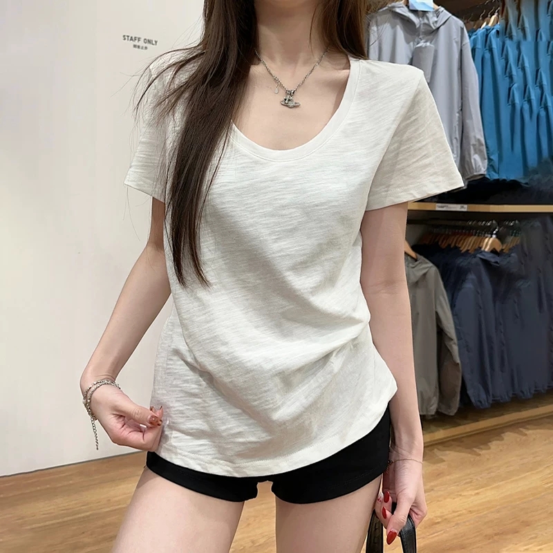 느슨함 센스 대 u 칼라 대나무 마디 면 반팔 여성 티셔츠 새로운 여름 루즈핏 캐주얼 V넥 긍정적 인 어깨 반소매 티셔츠