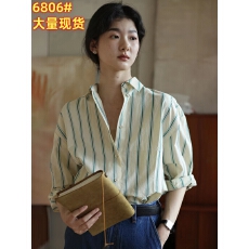 批发Red label日本stylem公司进口色织绿色法式条纹宽松<b class='q'>衬衫</b>女<b class='q'>长袖</b>粉